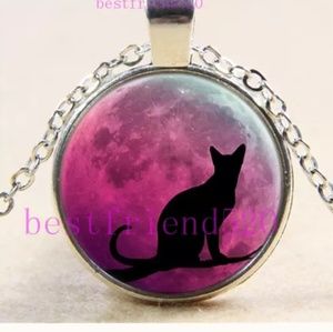 Cat Sillouette Silver and Glass Necklace